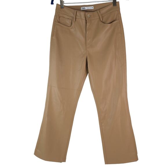 Zara Pants Womens 4 (27x25.5) Vegan Brown Faux Leather Flare Mid Rise - Picture 1 of 13